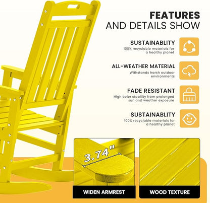 LOUNZY Outdoor Rocking Chair with Footboards Set of 4, HDPE Rocking Chair Patio Porch Rocker with 380lbs Support for Adult, Yellow