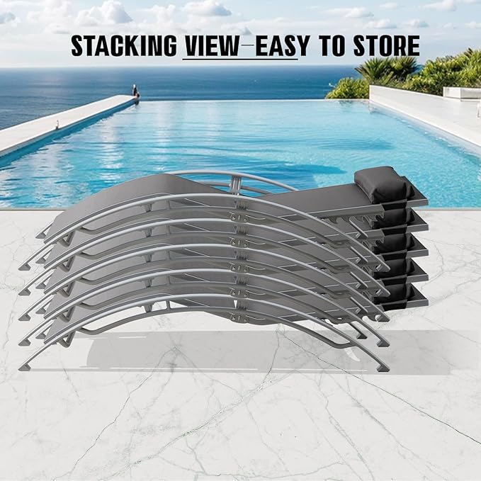 Domi Pool Lounge Chairs Set of 2, Adjustable Aluminum Outdoor Chaise Lounge Chairs, All Weather for Deck Lawn Poolside Backyard -Dark Grey Textilene