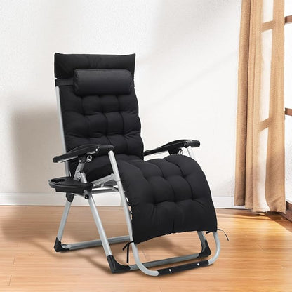 Athena Collection 3 in 1 Patio Lounge Chair Foldable Camping Chair with Headrest Chaise Lounge Nap Chair with Removable Thick Cushion Reclining Beach Sleeping Chair for Indoor and Outdoor, Black