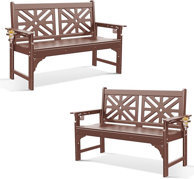 Oversized Outdoor Bench Set of 2, 51.5” HDPE Aesthetic Garden Bench with Cup Holders, Memorial Benches - Easy Assembly & All Weather, for Porch & Patio, 800lbs Load Capacity (Brown)