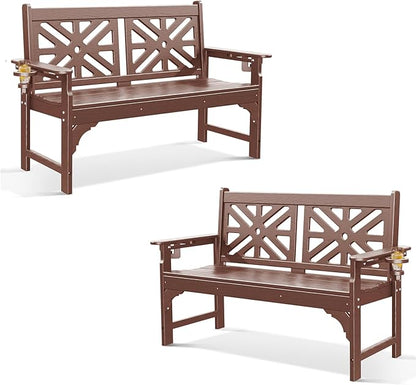 Oversized Outdoor Bench Set of 2, 51.5” HDPE Aesthetic Garden Bench with Cup Holders, Memorial Benches - Easy Assembly & All Weather, for Porch & Patio, 800lbs Load Capacity (Brown)