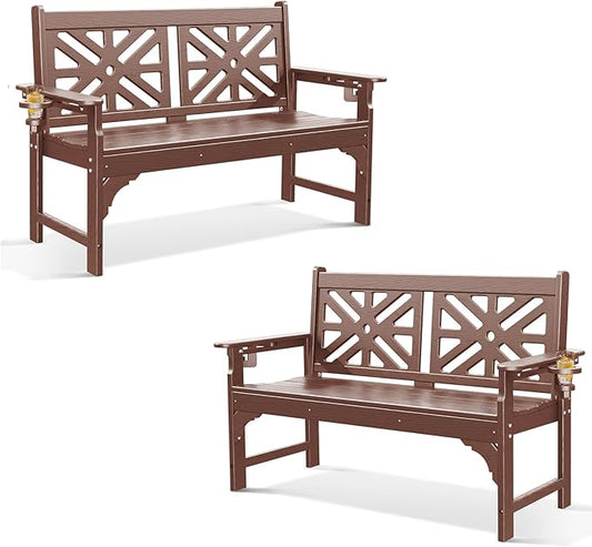 Oversized Outdoor Bench Set of 2, 51.5” HDPE Aesthetic Garden Bench with Cup Holders, Memorial Benches - Easy Assembly & All Weather, for Porch & Patio, 800lbs Load Capacity (Brown)