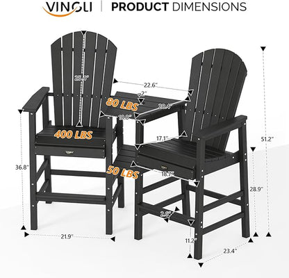 VINGLI Tall Adirondack Chairs Set of 2, All Weather HDPE Bar Height Adirondack Chair with Double Trays, Adirondack Barstools for Balcony, Poolside, Backyard and Patio (Black)