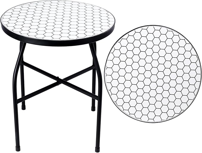 VCUTEKA Mosaic Outdoor Side Table - Small Patio Table Coffee Outside Accent Tables Round End Plant Tables for Bistro Balcony Porch Outdoor Benches 14'' White