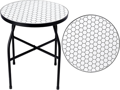 VCUTEKA Mosaic Outdoor Side Table - Small Patio Table Coffee Outside Accent Tables Round End Plant Tables for Bistro Balcony Porch Outdoor Benches 14'' White