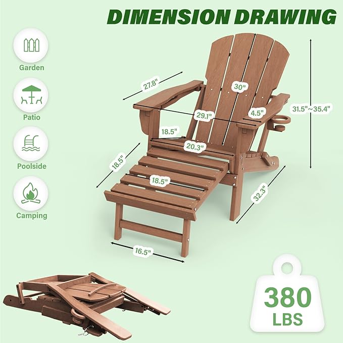 LOUNZY Folding Adjustable Adirondack Chair with Retractable Ottoman, HDPE Recliner Adirondack Chair with Cup Holder for Deck Lawn Fire Pit, Brown