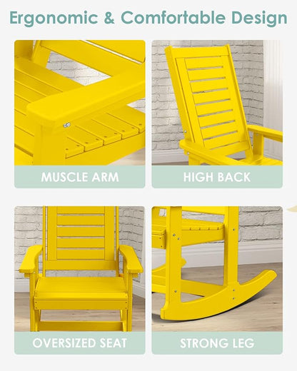 IVY&LANE Outdoor Rocking Chairs Set of 2 | Porch-Rockers | Yellow | HDPE Plastic | All-Weather | High Back | Wide Seat | Oversized Patio Rocker for Adult | for Outside Deck Balcony Garden