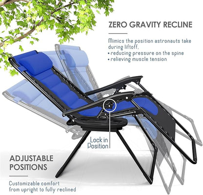 Nestl Outdoor Padded Zero Gravity Chair, Patio Lounge Chair Outdoor Recliner, Oversized Anti Gravity Lounger with Adjustable Headrest and Cup Holder, Foldable for Camping, Yard - Black/Blue