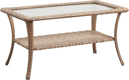 Rilyson Patio Tables Outdoor Coffee Table - Wicker Rattan Coffee Tables with 2-Tier Storage Shelf Glass Top for Outside Proch Deck Balcony Garden Rectangle Yellow