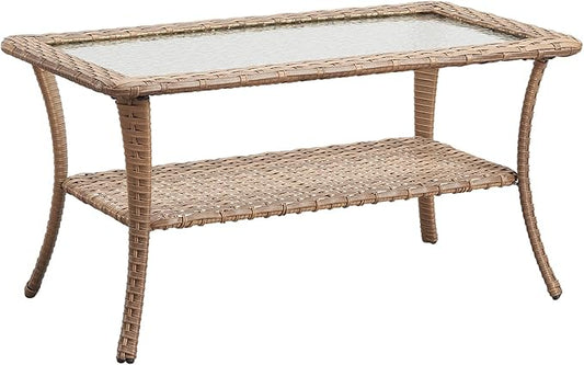 Rilyson Patio Tables Outdoor Coffee Table - Wicker Rattan Coffee Tables with 2-Tier Storage Shelf Glass Top for Outside Proch Deck Balcony Garden Rectangle Yellow