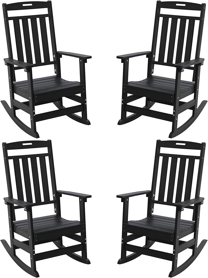 Outdoor Rocking Chair Oversized Set of 4, HDPE All Weather Resistant Patio Rocker, 31.5" High Back 21.5" Deep Seat Oversized Porch Chairs for Lawn Garden Deck Balcony 400lbs Capacity(Black)