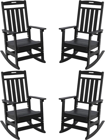 Outdoor Rocking Chair Oversized Set of 4, HDPE All Weather Resistant Patio Rocker, 31.5" High Back 21.5" Deep Seat Oversized Porch Chairs for Lawn Garden Deck Balcony 400lbs Capacity(Black)