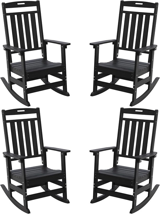 Outdoor Rocking Chair Oversized Set of 4, HDPE All Weather Resistant Patio Rocker, 31.5" High Back 21.5" Deep Seat Oversized Porch Chairs for Lawn Garden Deck Balcony 400lbs Capacity(Black)