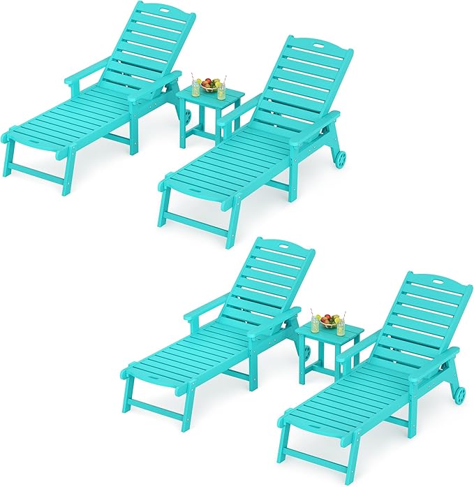 LUE BONA Outdoor Lounge Chair Set with Table, 6-Piece, HDPS Chaise Lounge Outdoor with Wheels, 5 Positions Adjustable Pool Lounger Chairs for Outside, Patio, Aruba Blue