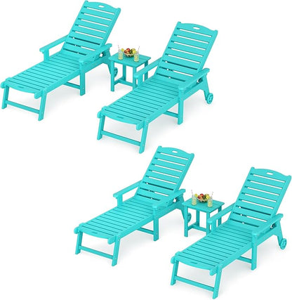 LUE BONA Outdoor Lounge Chair Set with Table, 6-Piece, HDPS Chaise Lounge Outdoor with Wheels, 5 Positions Adjustable Pool Lounger Chairs for Outside, Patio, Aruba Blue