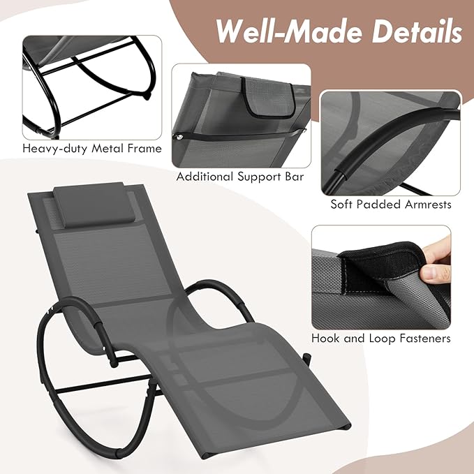 Tangkula Rocking Lounge Chair Outdoor, Zero Gravity Chaise Lounger with Removable Headrest, Fabric Backrest & Seat - Photo 5