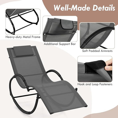 Tangkula Rocking Lounge Chair Outdoor, Zero Gravity Chaise Lounger with Removable Headrest, Fabric Backrest & Seat, Patio Reclining Rocker for Yard, Poolside, Lawn, Garden (1, Grey)