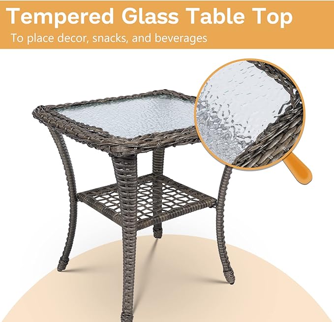 3 Pieces Outdoor Patio Bistro Rocking Chair Set, Rattan Patio Rocker Chairs Set with Cushions and Glass-Top Coffee Table - Photo 6