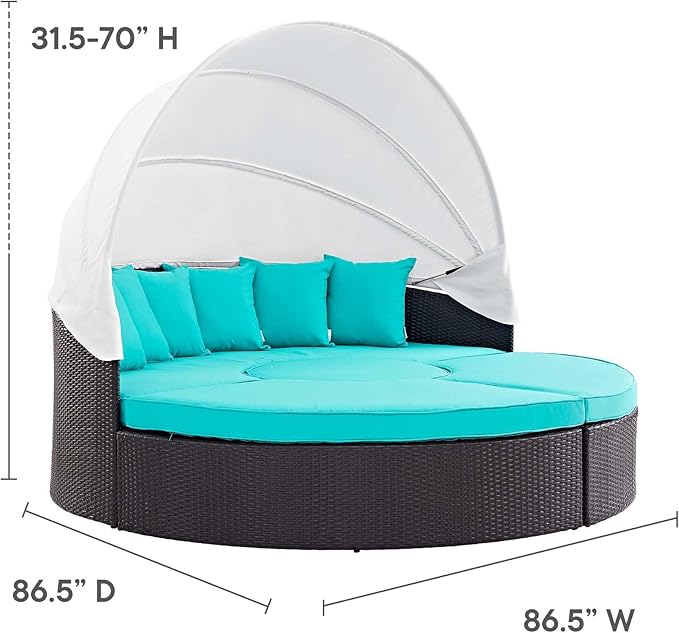 Modway Convene Wicker Rattan Outdoor Patio Retractable Canopy Round Poolside Sectional Sofa Daybed with Cushions in Espresso Turquoise