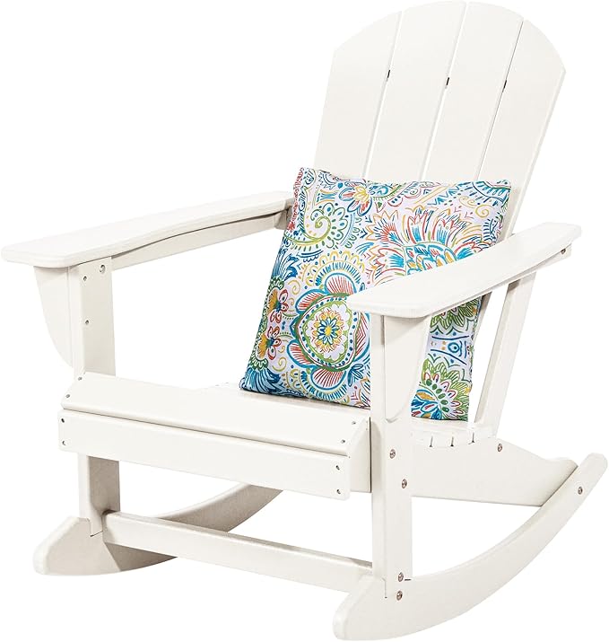 Sundale Outdoor Rocking Chair with Pillow, Patio Plastic All Weather Adirondack Rocker for Proch, Water Resistant for Outside, Garden, Pool, Yard, White