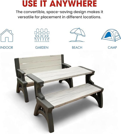 Convert-a-Bench 2-in-1 Outdoor Bench & Picnic Table - Foldable, Weather-Resistant Seating - Perfect for Patio, Lawn, Garden, Deck - Durable Construction, Easy Assembly, 1 Bench/Order Mocha Driftwood