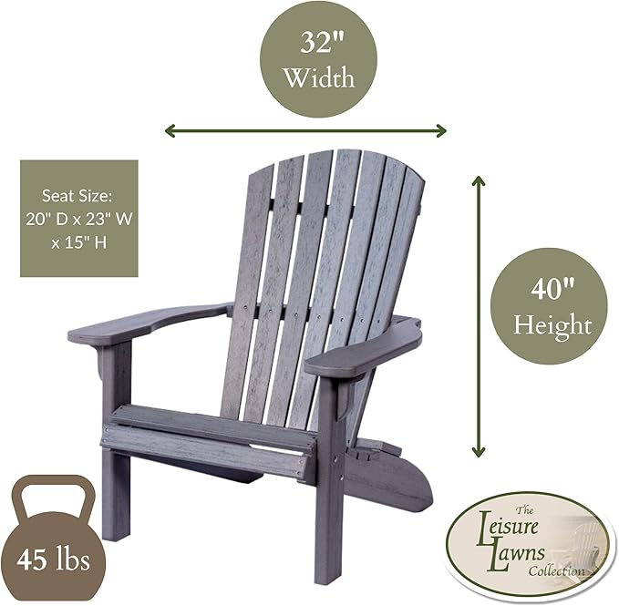 Leisure Lawns Poly Plastic Fanback Adirondack Chair, Outdoor Patio Chair - Amish Made in USA (Rustic Gray)
