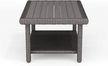 Martha Stewart Bedford Indoor-Outdoor Patio Coffee Table with Lower Shelf, Faux Wood Top, and Rattan Wicker Finish in Gray