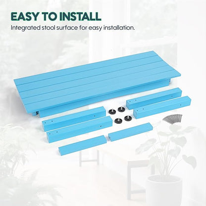 Weatherproof HIPS Outdoor Bench, 2-Person Patio Dining Bench, All-Weather Poly Lumber Garden Bench, Never Rot or Fade, Park Bench with Wood Grains for Porch, Garden, Deck, Entryway, Blue