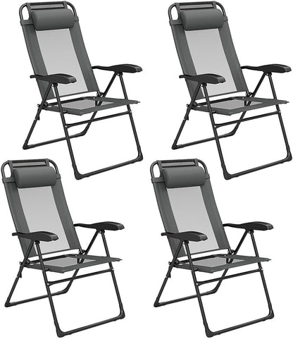 Giantex Set of 4 Patio Folding Chairs, Portable Outdoor Dining Chairs with 7-Level Adjustable Backrest, Headrest, Metal Frame, Outside Recliner for Front Porch Camping Picnic Lawn Garden, Dark Gray
