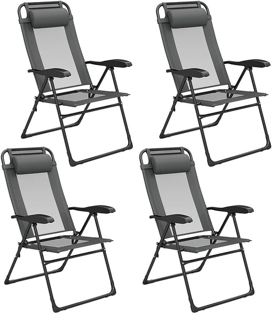 Giantex Set of 4 Patio Folding Chairs, Portable Outdoor Dining Chairs with 7-Level Adjustable Backrest, Headrest, Metal Frame, Outside Recliner for Front Porch Camping Picnic Lawn Garden, Dark Gray