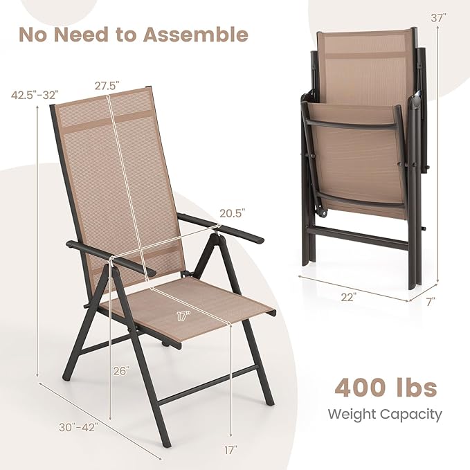 Giantex 2 Pack Folding Patio Chairs, High Back Outdoor Chairs with 7-Level Adjustable High Backrest, Portable Reclining Chairs for Lawn Porch Garden Poolside Camping, No Assembly, Brown