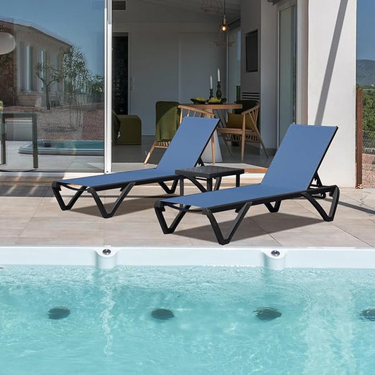 Outdoor Chaise Lounge 3 Pieces Aluminum Patio Lounge Chair with 5 Adjustable Position Recliner Chair Outside Tanning Chairs for Patio, Beach, Yard, Pool, Side Table Included (Navy Blue)