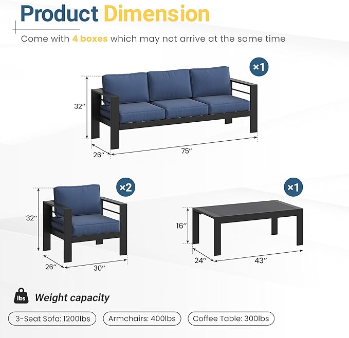 Solaste Aluminum Outdoor Patio Furniture Set, 5 Seats Patio Sectional Sofa with 5" Thick Cushion - Photo 2