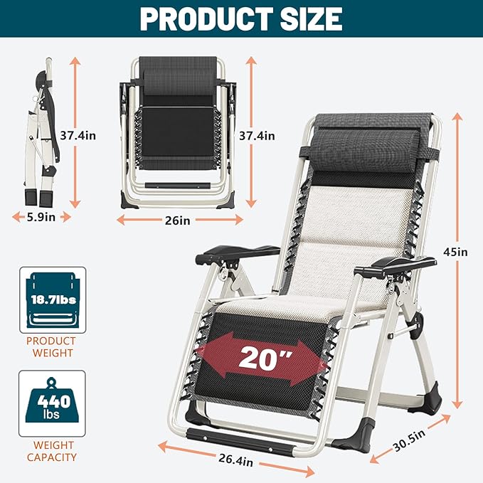 MOPHOTO Zero Gravity Chair, Outdoor Padded Lounge Chair with Side Table, Zero Gravity Recliner Chair, Outdoor Reclining Chair, Sturdy & Comfortable, Supports up to 440lbs