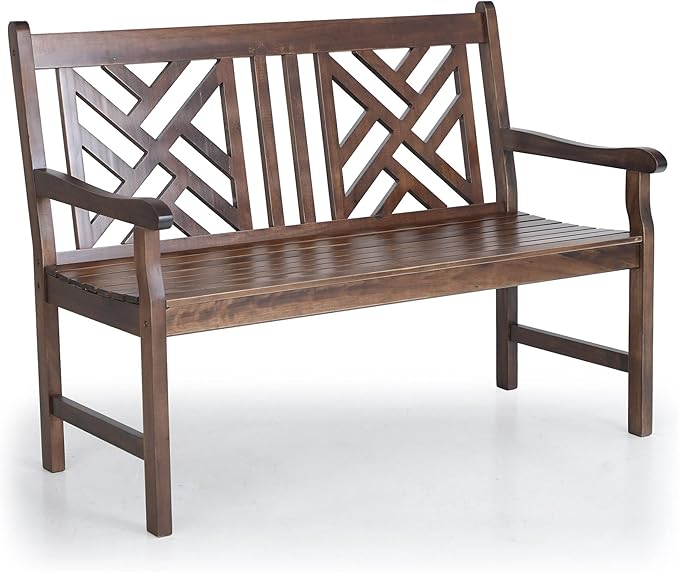 PHI VILLA Outdoor Garden Wooden Bench, 4 Ft Acacia Wood Bench with Curved Backrest and Armrest, 2 Seat All Weather Bench for Patio, Lawn, Balcony, Yard, Porch - Brown