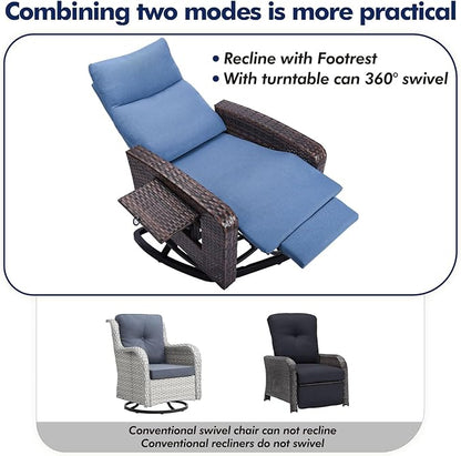 Outdoor Recliner Chair Set of 2, Wicker Patio Recliners with Adjustable Backrest and Extended Foot Rest, Reclining Patio Chairs with Flip Table & Removable Cushion Cover for Porch
