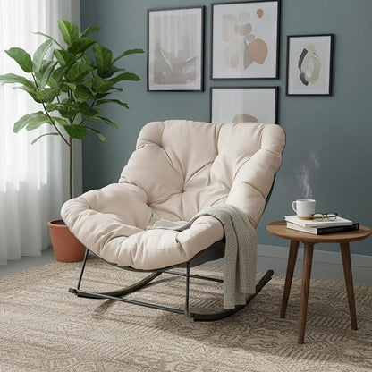 Outdoor Patio Rocking Chair, Oversized Papasan Chair with Cushion and Frame, Comfy Modern Rocker Egg Chair for Living Room, Garden Backyard,Beige