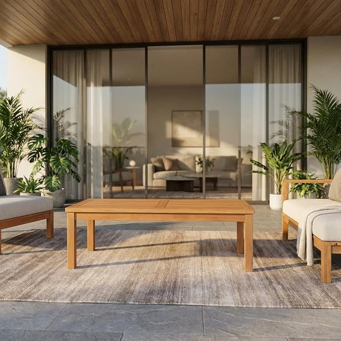 Brown Teak Wood Outdoor Coffee Table, Durable Weather-Resistant Teak, 59W X 23.5D X 17.5H Inches, Patio and Garden Decor