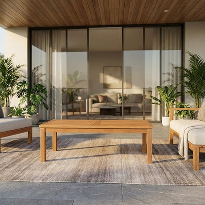 Brown Teak Wood Outdoor Coffee Table, Durable Weather-Resistant Teak, 59W X 23.5D X 17.5H Inches, Patio and Garden Decor