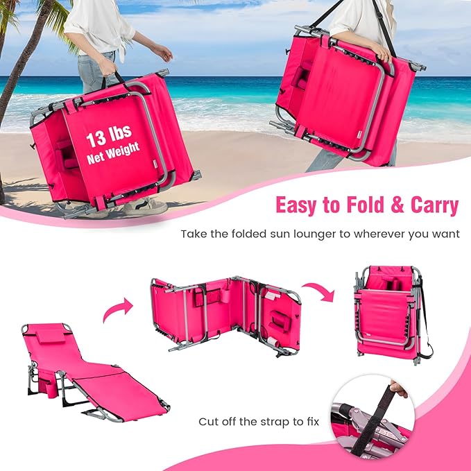 Tangkula Tanning Chair, Outdoor Folding Beach Lounge Chair with Face Hole, Adjustable Footrest, Removable Pillow - Photo 7
