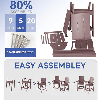 FOOWIN Tall Adirondack Chairs Set of 8,HDPE Adirondack Bar Stools with Connecting Tray & Cup Holders,Weather Resistant Balcony Chair for Outdoor Deck Lawn Pool Backyard Coffee