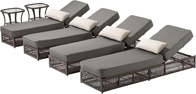 Luxury Outdoor Chaise Lounge Chairs of 4 with 5 Inch Thick Cushions and Side Table - 6 PCS High Back Brown Wicker - Photo 1