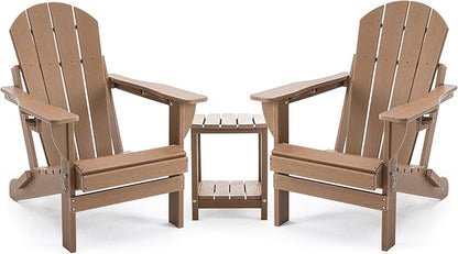 Folding Adirondack Chair Set with Side Table - HDPE Outdoor Patio Chairs, Weatherproof Chair with Reclining Back, Cup & Phone Holder, and 2-Tier Storage End Table for Firepit or Garden (Brown)