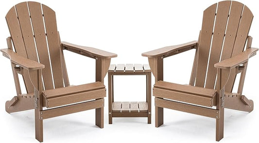 Folding Adirondack Chair Set with Side Table - HDPE Outdoor Patio Chairs, Weatherproof Chair with Reclining Back, Cup & Phone Holder, and 2-Tier Storage End Table for Firepit or Garden (Brown)