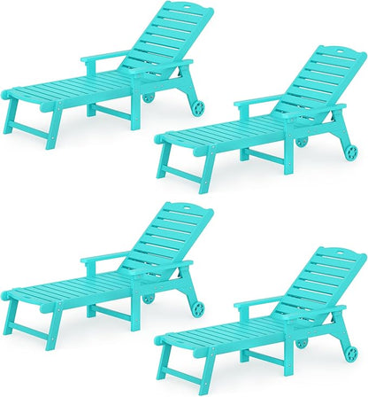 LUE BONA Lounge Chair Outdoor Set of 4, HDPS Chaise Lounge Outdoor with Wheels, 5 Positions Adjustable Pool Lounger Chairs for Outside, Patio, Aruba Blue