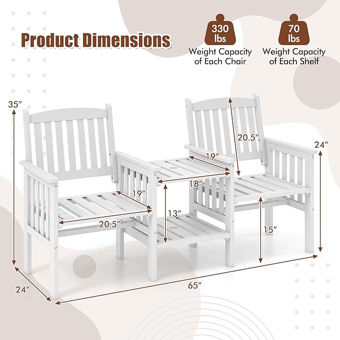 Tangkula Outdoor Wood Loveseat with 2-Tier Side Table and Umbrella Hole - Photo 9