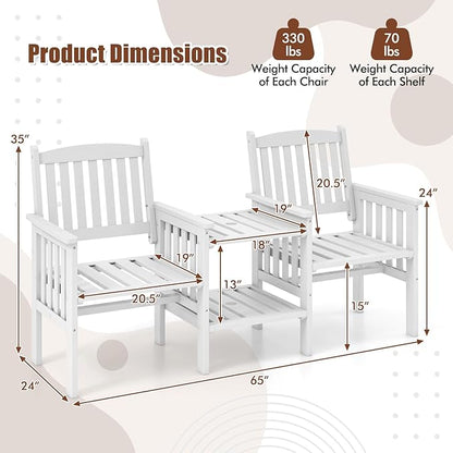Tangkula Outdoor Wood Loveseat with 2-Tier Side Table and Umbrella Hole, 2-Seater Patio Garden Bench with Armrests and Slatted Seats, Outdoor Table and Chairs Set for Porch and Balcony