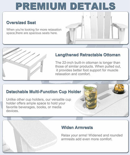 Adjustable Adirondack Chair with Retractable Ottoman Set of 2, HDPE Folding Adirondack Chair with Cup Holder, All Weather Fire Pit Chair for Outdoor.