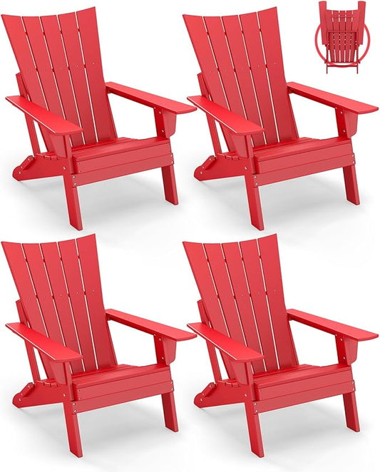 GREENVINES Folding-Adirondack-Chairs-Set-of-4 | HDPE Plastic | Arch Series | Fire Pit Chair | All Weather | for Outdoor Patio Deck Backyard Poolside | Red