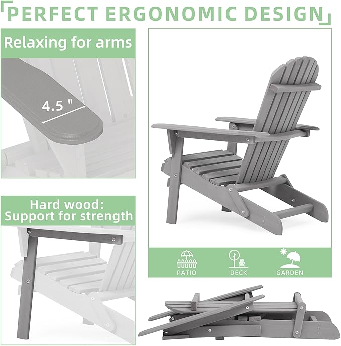 Wooden Folding Adirondack Chair Set of 2, Half Pre-Assembled Outdoor Wood Patio Lounge Chair for Lawn Backyard Deck Pool Beach Firepit